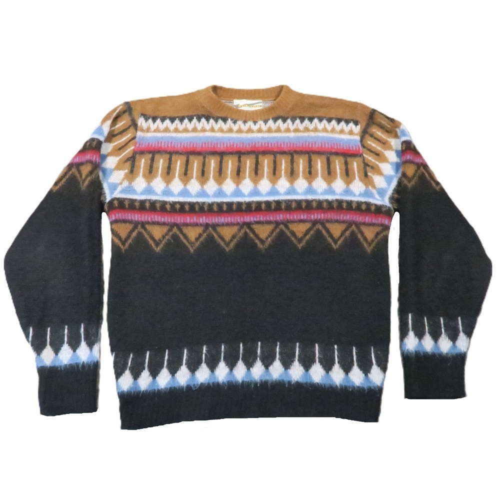 Puritan Sweater Mens 38 Black Fuzzy Geometric Nordic Vintage 70s Lodge Cabin Dad